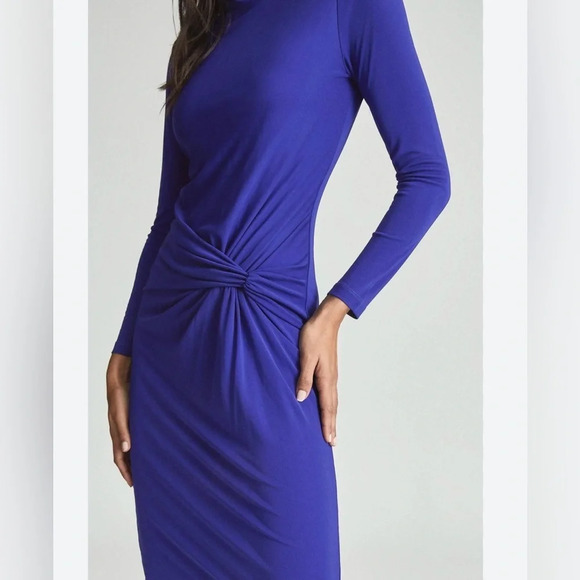 Reiss Freya Dress front twist long sleeves turtle neck in Royal blue - Picture 2 of 9